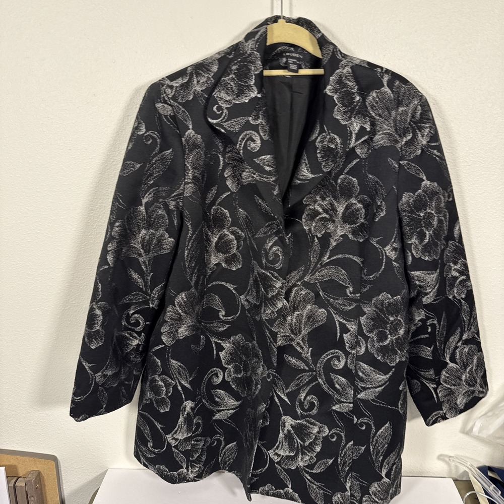 Louben Canada Black Silver Floral Brocade Blazer Jacket Women's 14 Snap Front